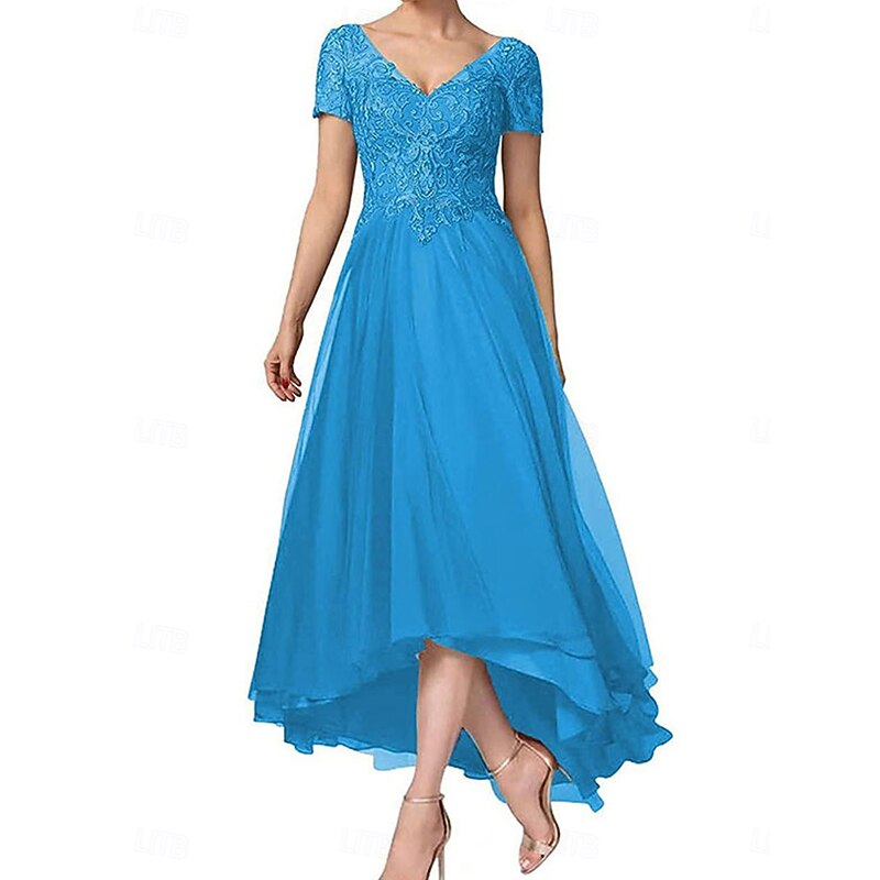 A-Line Mother of the Bride Dress Elegant V Neck Asymmetrical Chiffon Short Sleeve with Solid Color4