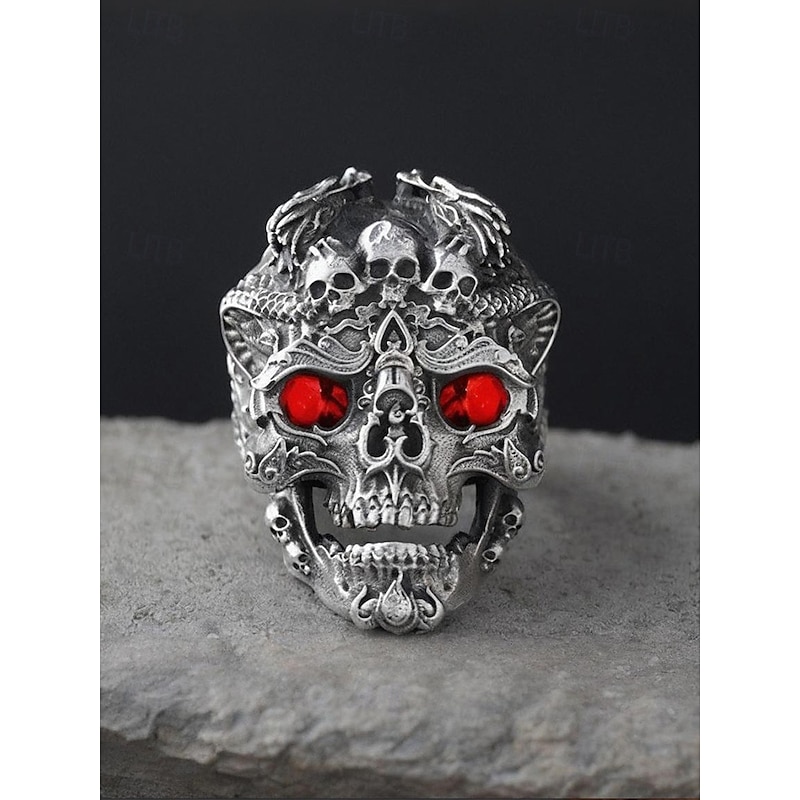Men's Gothic Skull Ring with Red Crystals, Alloy Material, Vintage Design for Halloween Parties, Punk Style and Retro Occasion