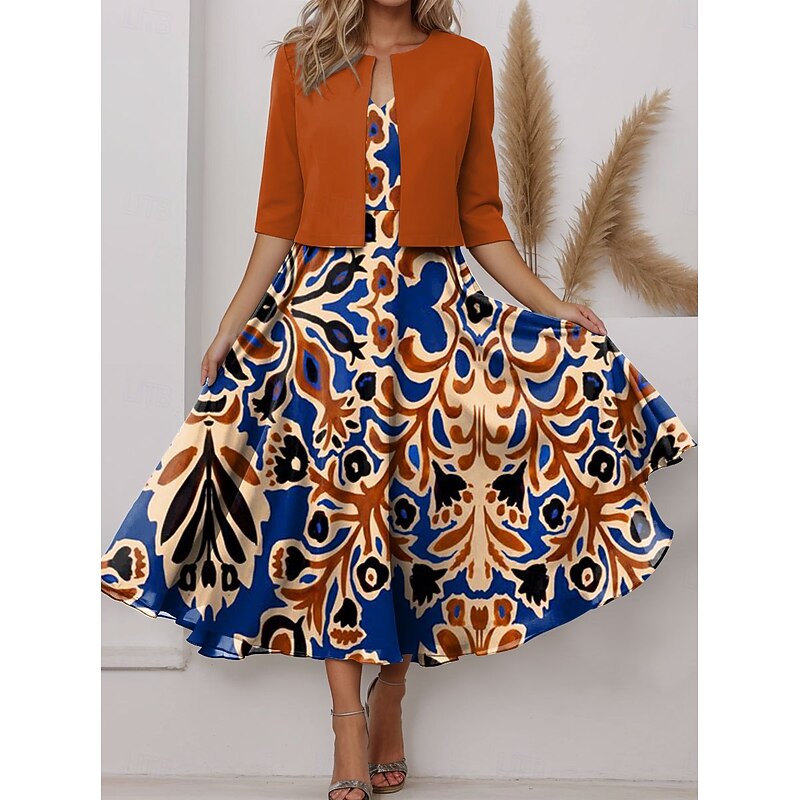 Women's Two Piece Dress Sets Midi Dress with Jacket Elegant A Line Dress Half Sleeve Party Semi Formal Graphic Stripe Print V Neck Wedding Guest Daily Pink Purple Orange Regular Fit4