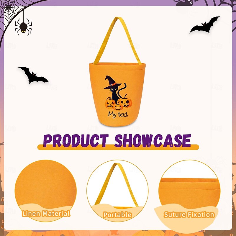 Personalized Name Halloween Treat Bag for Kids Custom Candy Tote Bag Basket for Trick or Treat with Cute Cat Pumpkin Design, Custom Text Gift for Children4