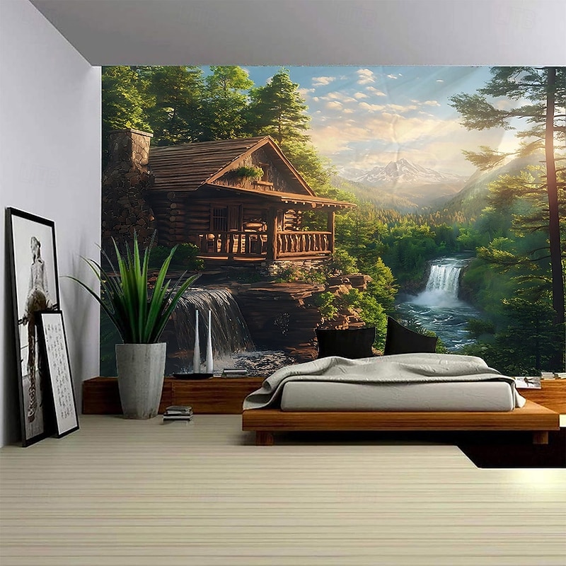Rural Mountain Houses Waterfall Landscapes Hanging Tapestries Mural Art Large-Scale Tapestries Mural Decoration Photos Backgrounds Curtains Home Furnishings Bedrooms Living Rooms Decoratio4