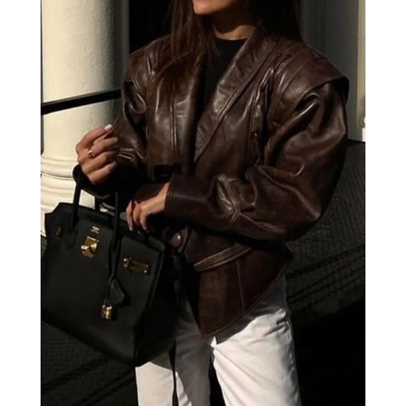 Women's Faux Leather Jacket Warm Comfortable Lace up Pocket Fashion Outdoor Plain Street Casual Daily Regular Turndown Regular Fit Long Sleeve Outerwear Black Brown Fall Winter