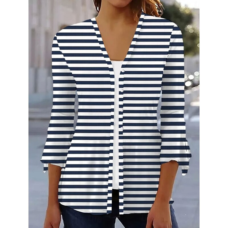 Women's T Shirt Graphic Striped Elegant Vintage Stylish 3/4 Length Sleeve V Neck Regular Tops Daily Print Navy Blue Beige Light Blue Summer3