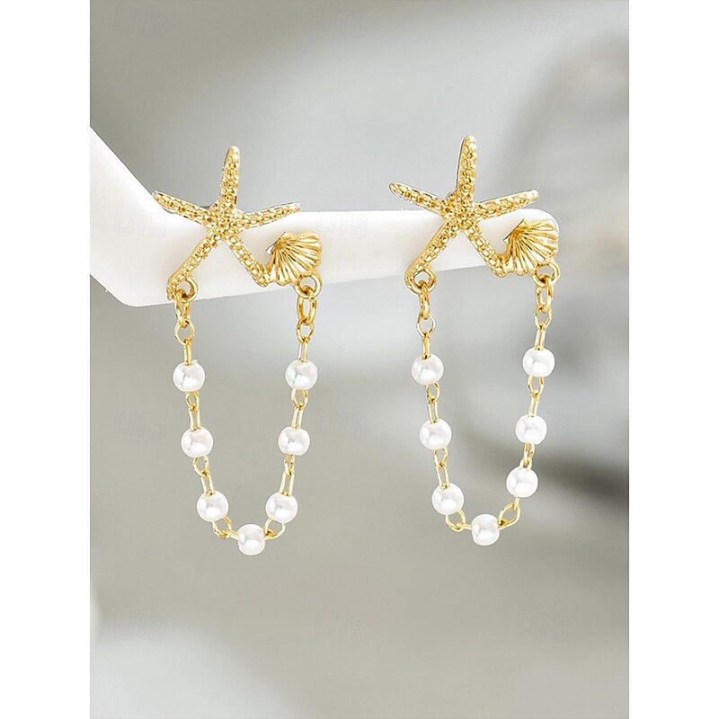 Women's Starfish Pearl Chain Drop Earrings – Beach-Inspired Summer Jewelry, Elegant Nautical Style for Parties, Vacations & Daily Wear3