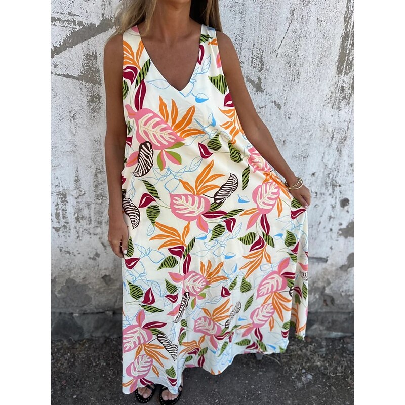 Women's Maxi Dress A Line Dress Slip Dress Vacation Casual Boho Outdoor Going out Regular Fit Floral Sleeveless V Neck Blue Apricot Beige Summer