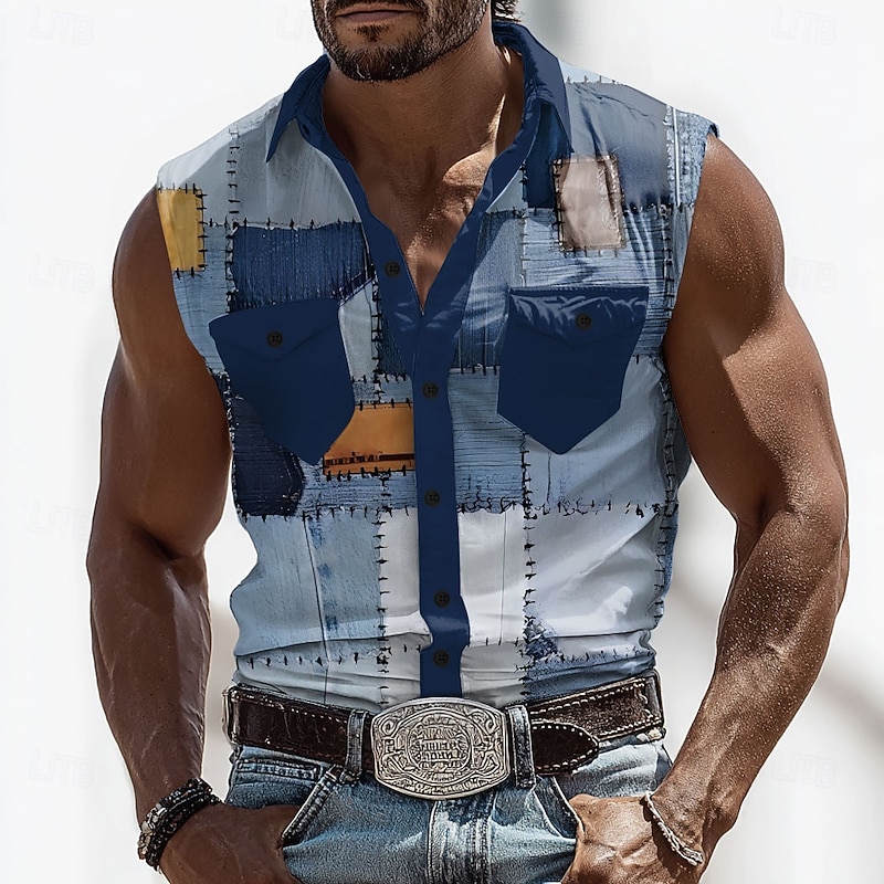 Men's Color Block Denim-like Shirt Western Shirt Cowboy Shirt Sleeveless Western Style Outdoor Work Causal Summer Spring Turndown 3D Print Front Two Pockets Button Up Shirts Blue Brown Green