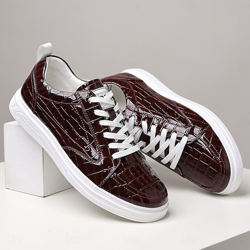 Men's Burgundy Faux Leather Crocodile-Pattern Sneakers – Stylish Lace-Up Casual Shoes for Daily Wear and Fashionable Outings3