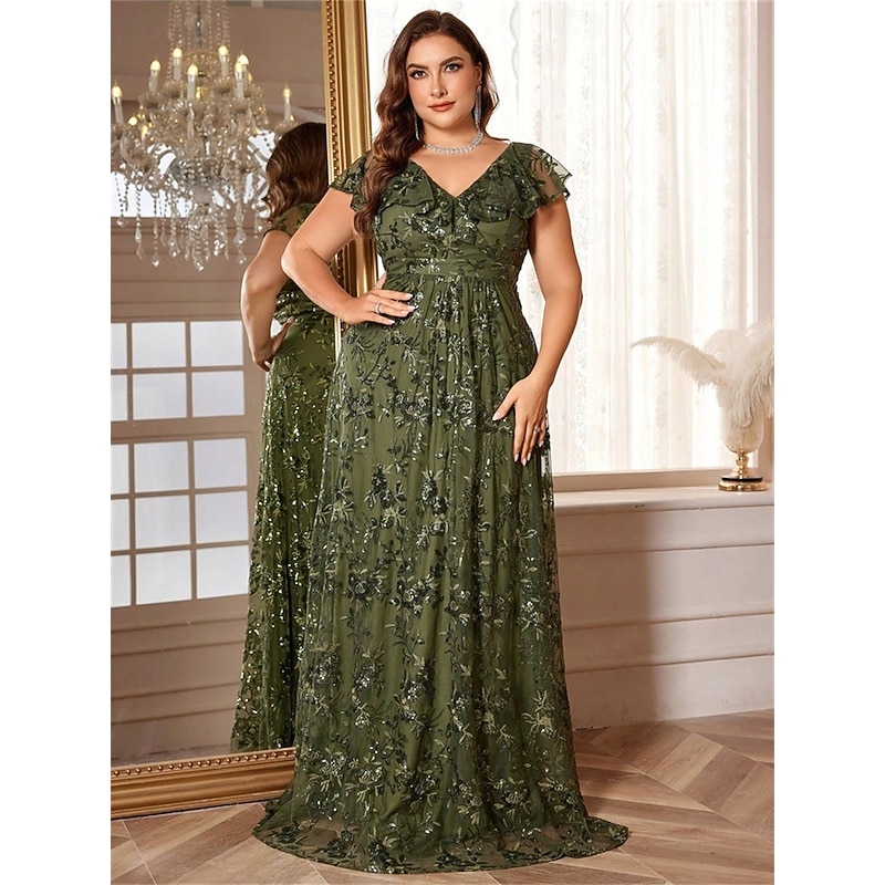 A-Line Plus Size Dresses Elegant Curve Dress Formal Wedding Floor Length Short Sleeve V Neck Polyester V Back with Sequin4