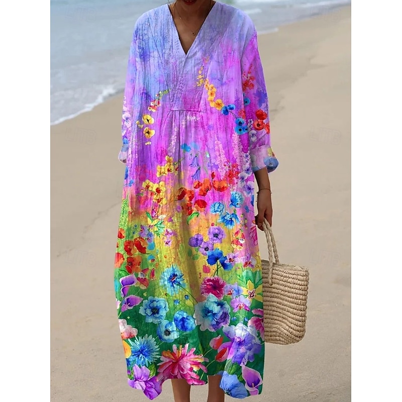 Women's Midi Dress V Neck Long Sleeve Kaftan Lightweight Loose Fit A Line Dress Casual Boho Going out Floral Graphic Long Sleeve V Neck Pink Blue Light Purple Fuchsia2