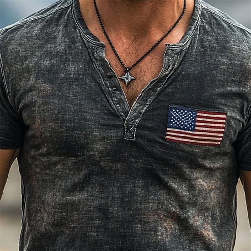 Men's T Shirt Henley Shirt Tee Short Sleeve Shirt Short Sleeve Henley Summer American Flag Fashion Designer Basic Print Vacation Street Going out Black Top Tee for Men2