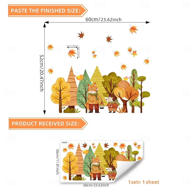 Fall Window Clings Autumn Thanksgiving Decoration, Double-Sided Visible Static Stickers with Cartoon Forest Leaves, Fox and Hedgehog, Removable Glass Decals for Window and Display3