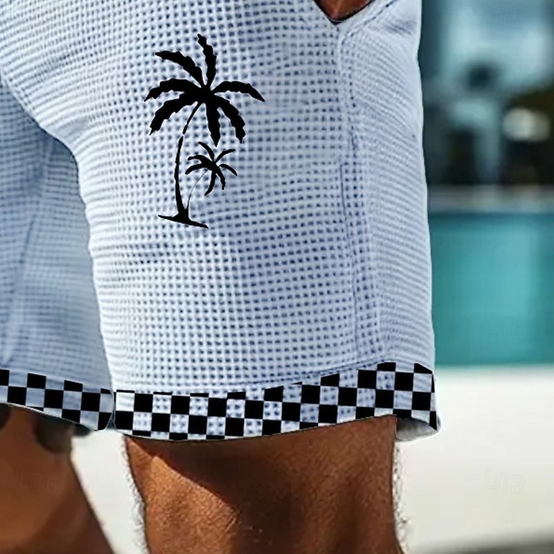 Men's Coconut Tree Check Grid / Plaid Waffle Shorts Sweat Shorts Casual Shorts Mid Waist Hawaiian Vacation Jogging Workout Elastic Drawstring Waist Shorts with Pockets Designer Clothing Apparel4