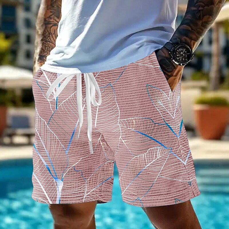 Men's Palm Leaf Tropical Plants Waffle Shorts Sweat Shorts Casual Shorts Mid Waist Fashion Casual Vacation Jogging Workout Elastic Drawstring Waist Shorts with Pockets Designer Clothing Apparel4