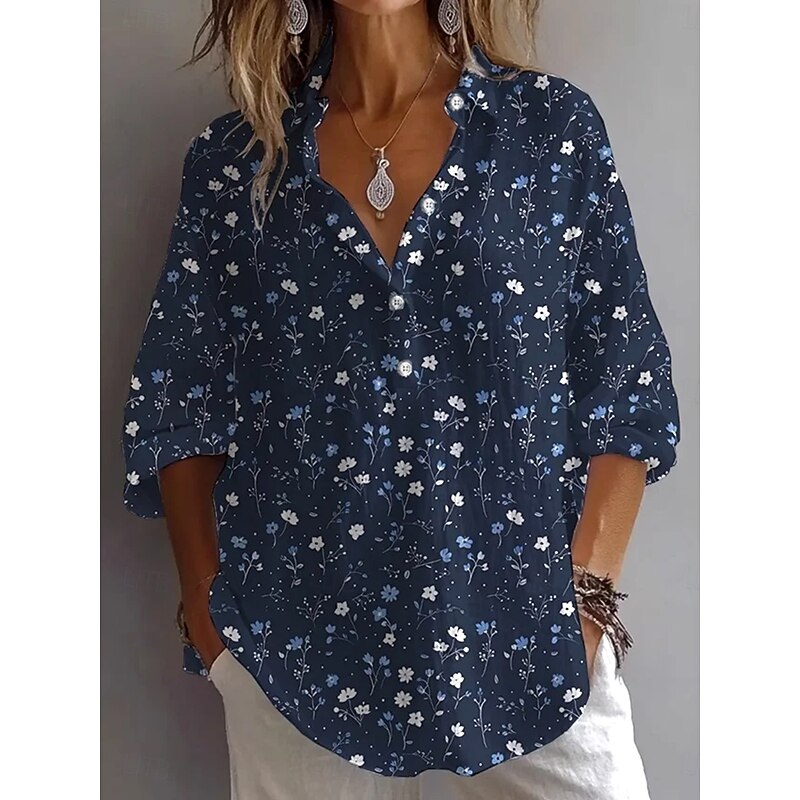 Women's Shirt Button Down Tunic Shirt Collar Long Sleeve Floral Graphic Vintage Tropical Daily Regular Tops Work Daily Holiday s Print Navy Blue Spring Fall
