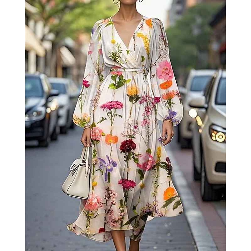 Women's Midi Dress Casual Dress Print Dress Elegant Fashion Outdoor Party Holiday Regular Fit Flower Long Sleeve V Neck Pink Blue Purple Summer Spring3