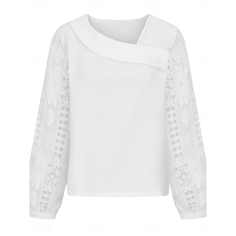 Women's White Elegant Lace Tops Eyelet Blouse Casual Solid Color Regular Tops Long Sleeve Asymmetrical Lace Patchwork Regular Fit Daily Black White Pink Romantic Petite Tops Summer Holiday Wear3