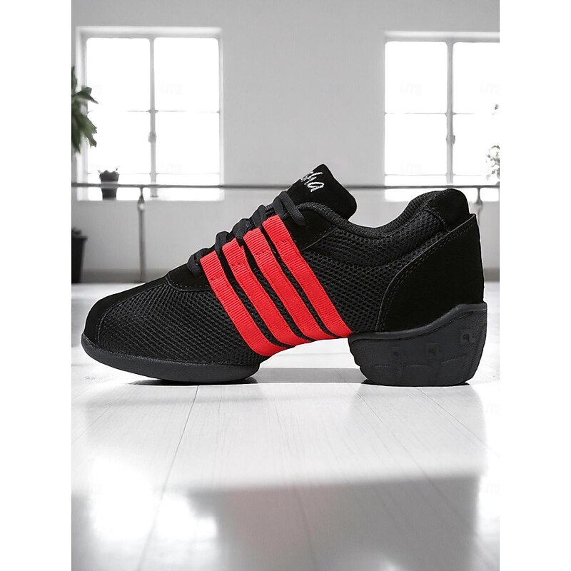 Women's Black Mesh Dance Sneakers - Lightweight Breathable Jazz and Hip Hop Practice Shoes with Red Stripes for Fitness and Performance2