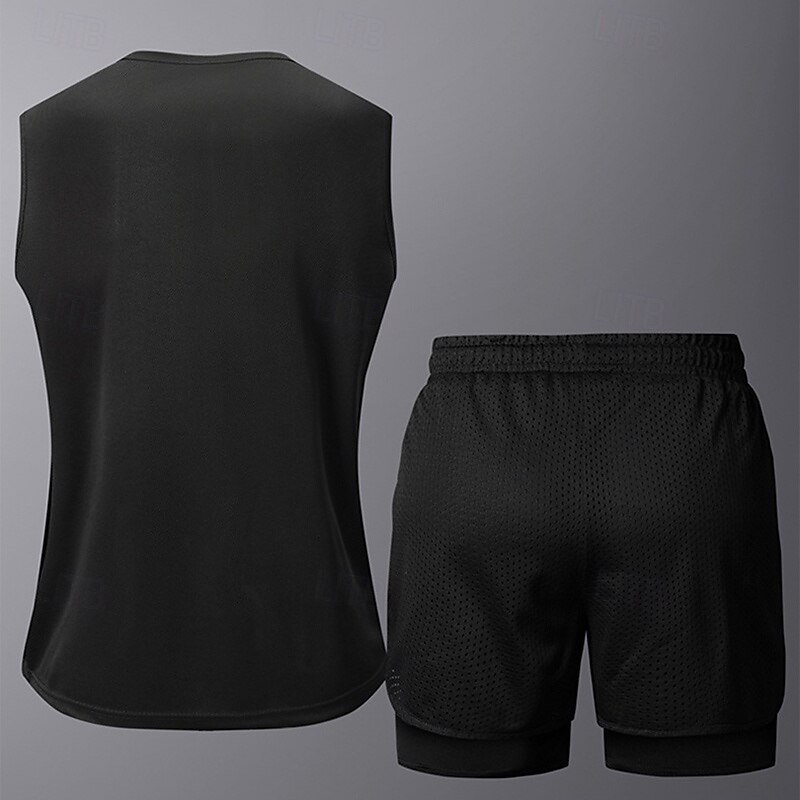 Men's Activewear Set Sport Set Elastic Waistband Solid Colored Clothing Suit Summer Black Dark Gray Gym Workout Sports Soft Quick-drying Sleeveless Sport Activewear Micro-elastic Regular Fit4