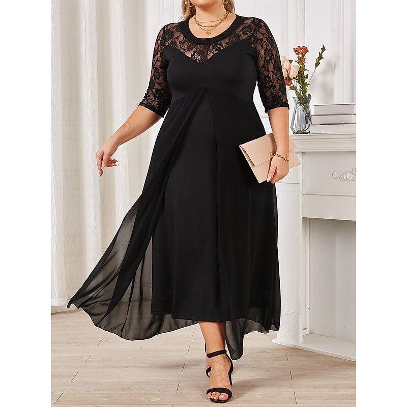Women's Plus Size Black Dress Pure Color Crew Neck Half Sleeve Summer Spring Elegant Midi Dress Party Dress