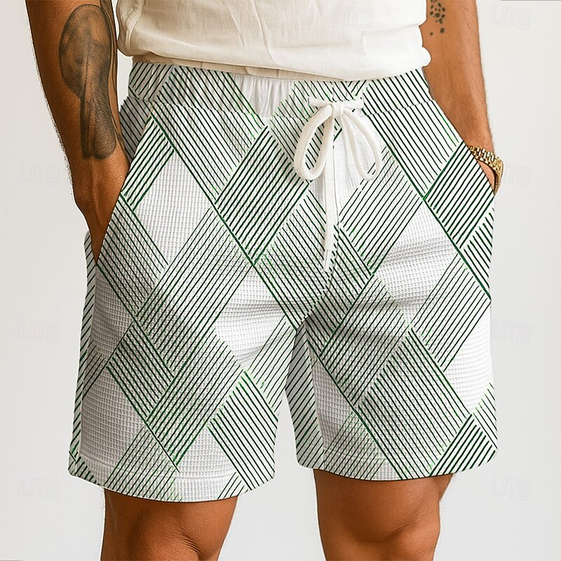 Men's Geometric Grid / Plaid Waffle Shorts Sweat Shorts Casual Shorts Mid Waist Fashion Casual Vacation Jogging Workout Elastic Drawstring Waist Shorts with Pockets Designer Clothing Apparel2