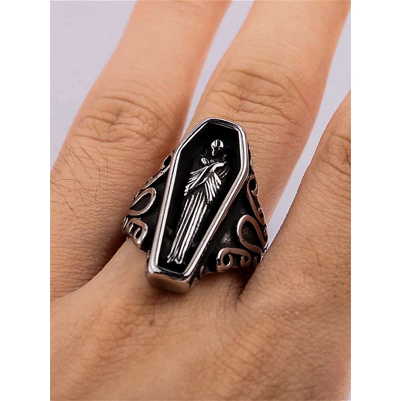Men's Gothic Coffin Titanium Steel Ring – Vintage Halloween Party Statement Jewelry with Skeleton Design for Cosplay & Retro Fashion4