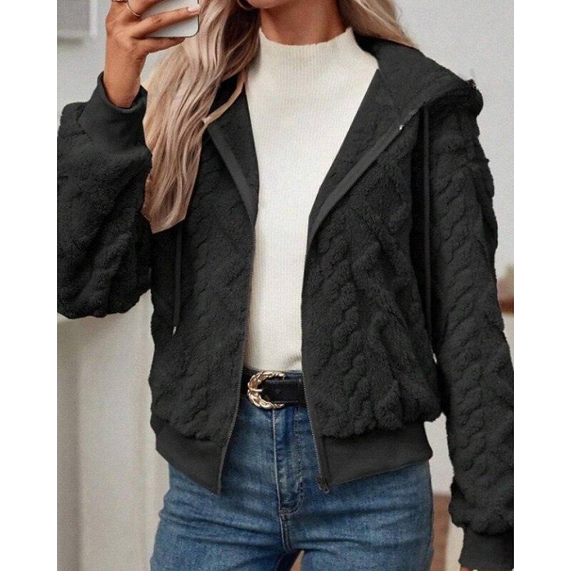 Women's Teddy Coat Hoodie Jacket Warm Comfortable Zipper Casual Plain Outdoor Vacation Holiday Going out Zipper Regular Hooded Regular Fit Long Sleeve Outerwear Black White Pink Fall Winter4