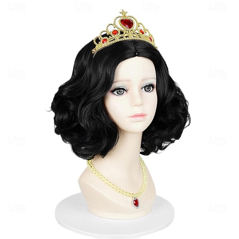 Short Black Wig for Girls Bob Curly Wavy Cosplay Wig for Halloween Costume