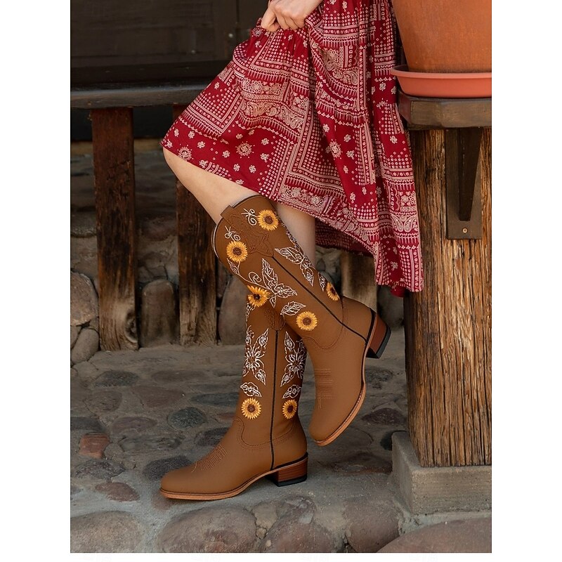 Women's Western Cowboy Boots with Sunflower Embroidery – Vintage Faux Leather Festival Boots with Belt Detail for Music Festivals and Casual Wear3