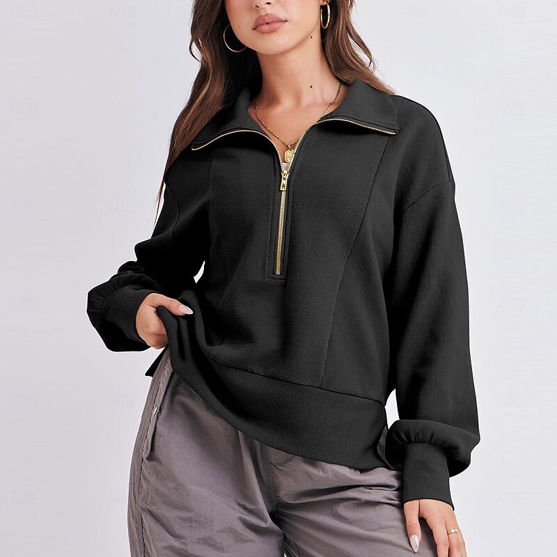 Women's Texture Sweatshirt Texture Blouse Pullover Sweatshirt Plain Streetwear Casual Comfy Long Sleeve V Neck Regular Tops Street Holiday Going out Quarter Zip Black Khaki Gray Fall4