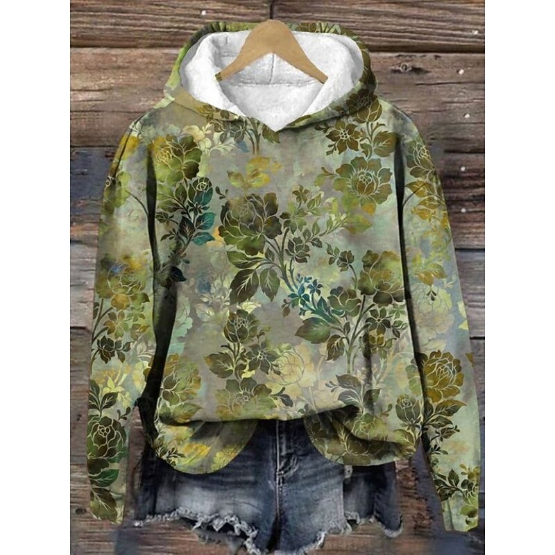Women's Hoodie Pullover Sweatshirt Oversized Long Sleeve Casual Graphic Floral Warm Vintage Hooded Regular Tops Street Dailywear Print Red Blue Green Spring Fall Winter3