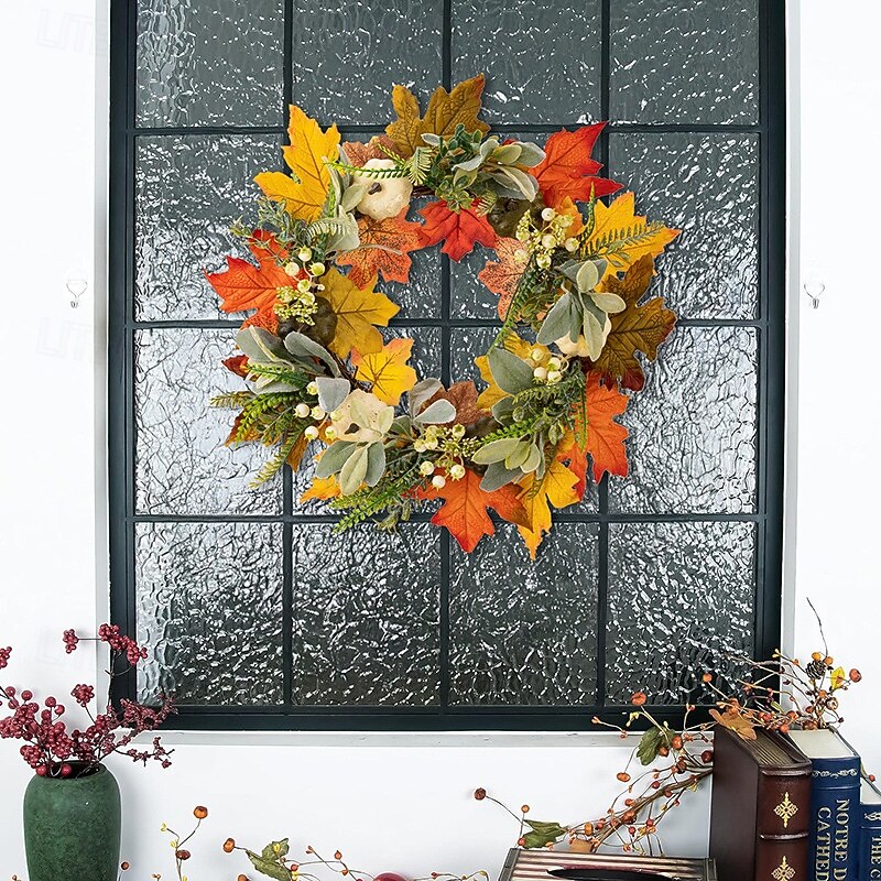 Fall Wreath for Front Door Thanksgiving Harvest Indoor Outdoor Decoration, Green and White Pumpkin Vine Wreath, Autumn Harvest Season Hanging Door Decor2
