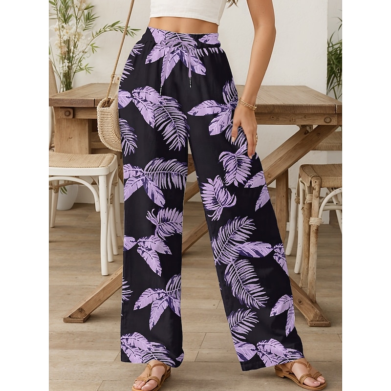 Women's Culottes Wide Leg Wide Leg Chinos Vacation Vintage Fashion Full Length High Waist Graphic Leaf Elastic Waistband Printing Soft Breathable Micro-elastic Formal Vacation Street Buff Violet4