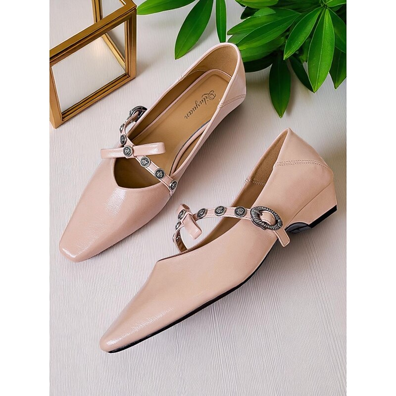Women's Vintage Buckle Strap Low Heel Pumps, Pointed Toe Faux Leather Dress Shoes for Elegant Looks and Daily Dates4