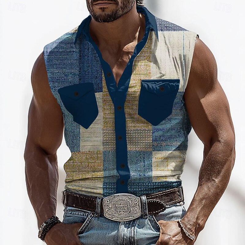 Men's Color Block Patchwork Shirt Western Shirt Cowboy Shirt Sleeveless Western Style Outdoor Work Causal Summer Spring Turndown 3D Print Front Two Pockets Button Up Shirts Army Green Blue Brown