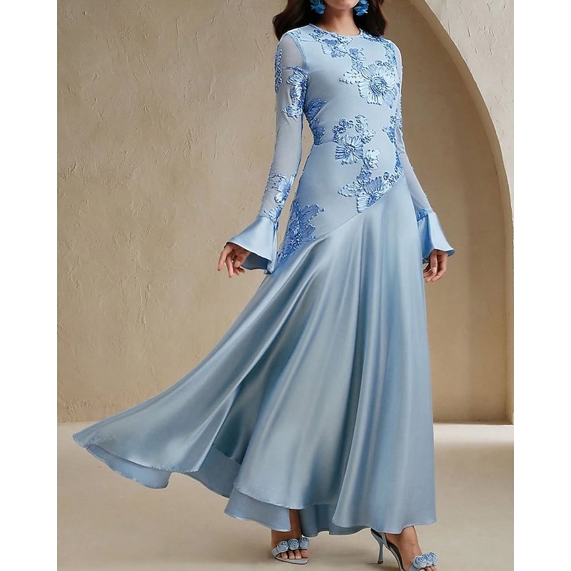 Ribbon Lace Mother of the Bride A-Line Evening Gown Elegant Dress Formal Wedding Floor Length Long Sleeve Crew Neck Stretch Material