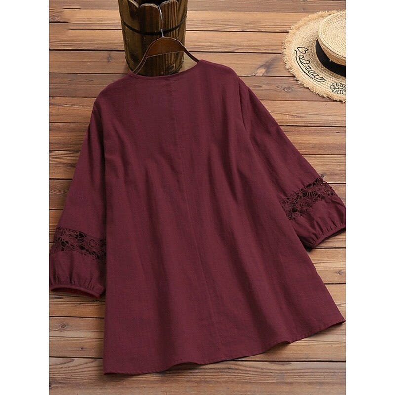 Women's Cotton Linen Shirts Solid Color Stylish Casual 3/4 Length Sleeve V Neck Regular Tops Daily Lace Patchwork Black White Wine Navy Blue Summer Spring3