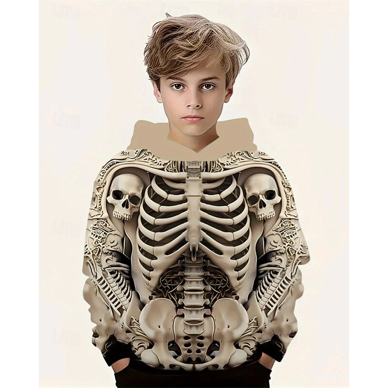 Boys' 3D Skull Hoodie Long Sleeve Spring Fall Fashion Streetwear Kids 4-12 Years Hooded Outdoor Casual Daily Regular Fit