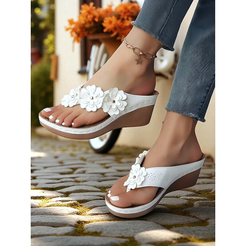 Women's Floral Wedge Flip-Flops with Cushioned Sole, Summer Comfort Sandals for Home, Beach and Daily Errands