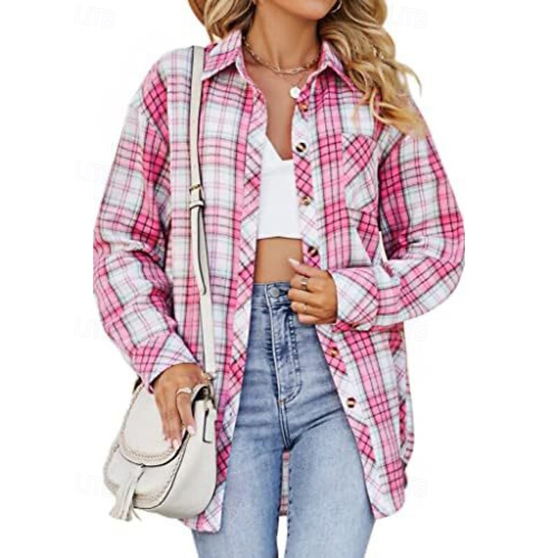 Women's Shirt Blouse Plaid Modern Casual Long Sleeve Shirt Collar Regular Tops Holiday Going out Buttons Print Black White Pink Light Brown Brown Fall4