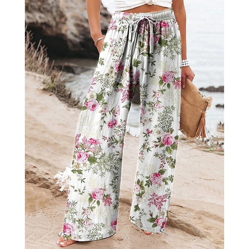 Women's Linen-Inspired Pants Wide Leg Palazzo Pants Fashion Boho Full Length High Waist Flower Elastic Waist Breathable Comfortable Micro-elastic Street Daily Wear Going out Green Gray Summer Spring2