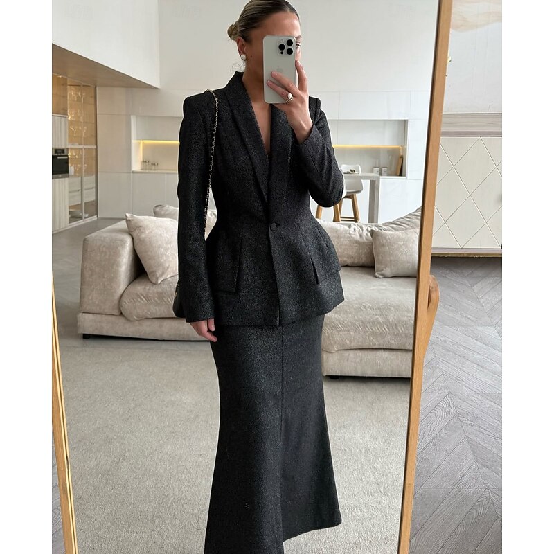 2 Pieces Tuxedo Dress Sets A-Line Formal Wedding Guest Elegant Simple Long Sleeve Ankle Length Shawl Lapel2