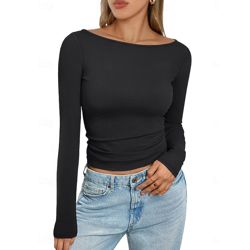 Women's Tight Tops Solid Color Stylish Casual Y2K Long Sleeve Crew Neck Crop Tops Daily Holiday Going out Black White Pink Brown Summer Spring