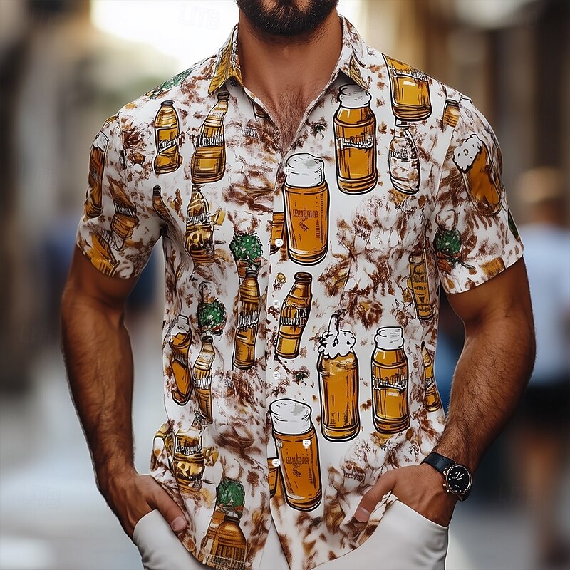 Men's Oktoberfest Beer Shirt Summer Shirt Button Up Shirt Short Sleeve Hawaiian Outdoor Holiday Summer Spring Turndown 3D Print Collared Shirts Apricot
