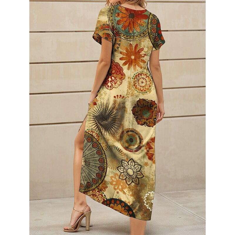 Women's Midi Dress Casual Dress Sundress A Line Dress Summer Dress Bohemia Vacation Casual Beach Loose Fit Graphic Boho Paisley Damask Short Sleeve V Neck Yellow Red Blue Purple Summer Spring Fall2