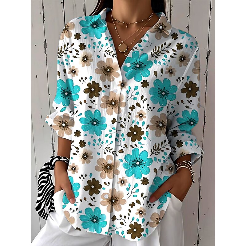 Women's Shirt Button Down Tunic Shirt Collar Long Sleeve Floral Graphic Vintage Tropical Daily Regular Tops Work Daily Holiday s Print Red Blue Green Spring Fall4