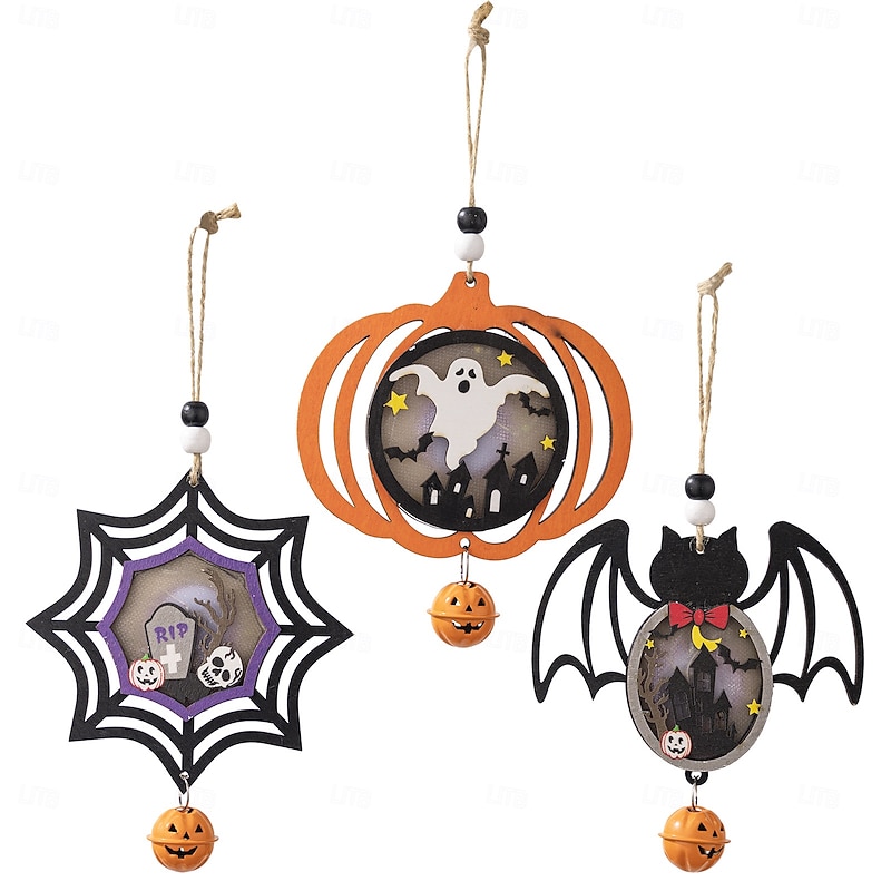 3PCS Halloween LED Wooden Ornaments Hanging Decorations, Scary Pumpkin and Spider Signs for Halloween Wall Decor and Party Atmosphere3