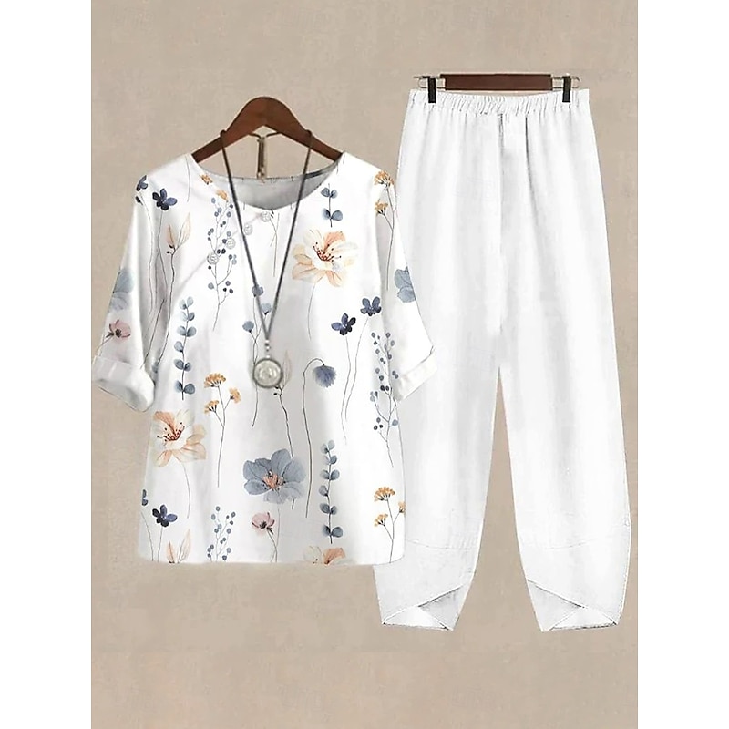 Women's Basic Shirt Pants Sets Half Sleeve Round Neck Ombre Floral Graphic Print Holiday Casual Daily Weekend White Yellow Light Blue Summer Regular Fit3