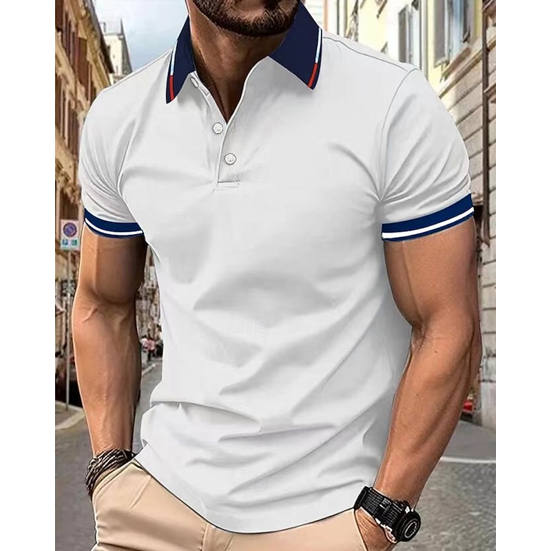 Men's Golf Shirt Golf Polos Shirts Casual Sports Lapel Short Sleeve Basic Modern Color Block Patchwork Buttons Summer Regular Fit Lake blue Wine Denim Blue Black White Pink Golf Shirt3