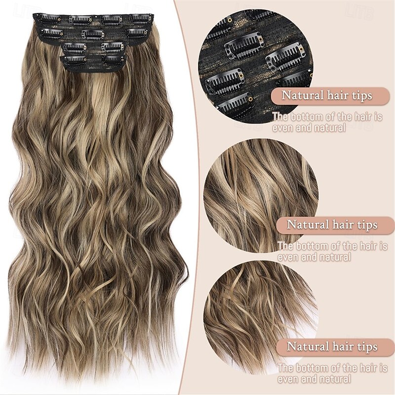 Clip in Curly Hair Extensions 4Pcs Long Wavy Hair mix Brown Synthetic Clip in Extensions 22 Inch for Women # Mixed Brown & Blonde3