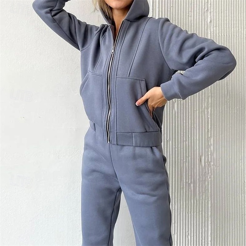 Women's Tracksuit Sweatpants Hooded Jacket Zipper Pocket Solid Colored Clothing Suit Fall Black White Gym Workout Sports Windproof Long Sleeve Sport Activewear Micro-elastic Regular Fit